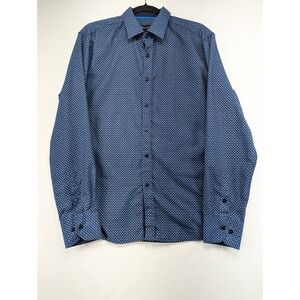 House of Lords Mens Blue Geometric Medallion Microfiber Button Down Shirt Large